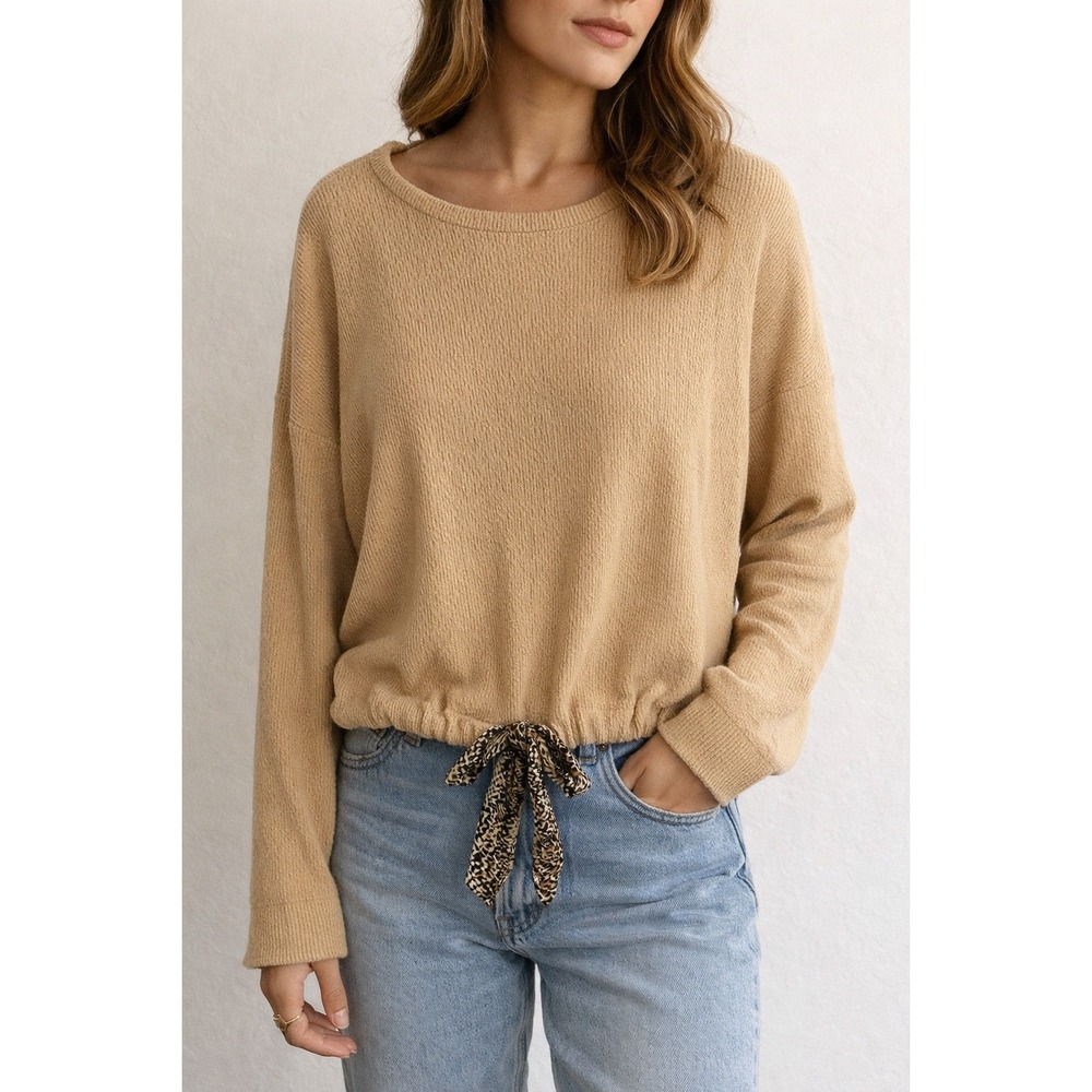 Jun & Ivy Textured‎ Knit Sweater with Tie Waist Beige Women's Size Medium